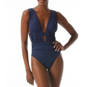 Carmen Marc Valvo Sz 12 Swimsuit Blue Plunge-Neck One-Piece Classic Preppy